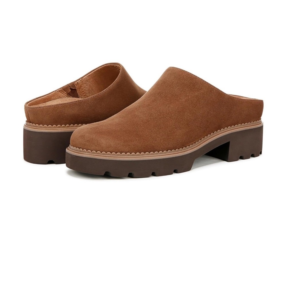 Vionic Fairfax Women 6 Tan Suede Lug Sole Mules Platform Slip On Orthotic Shoes